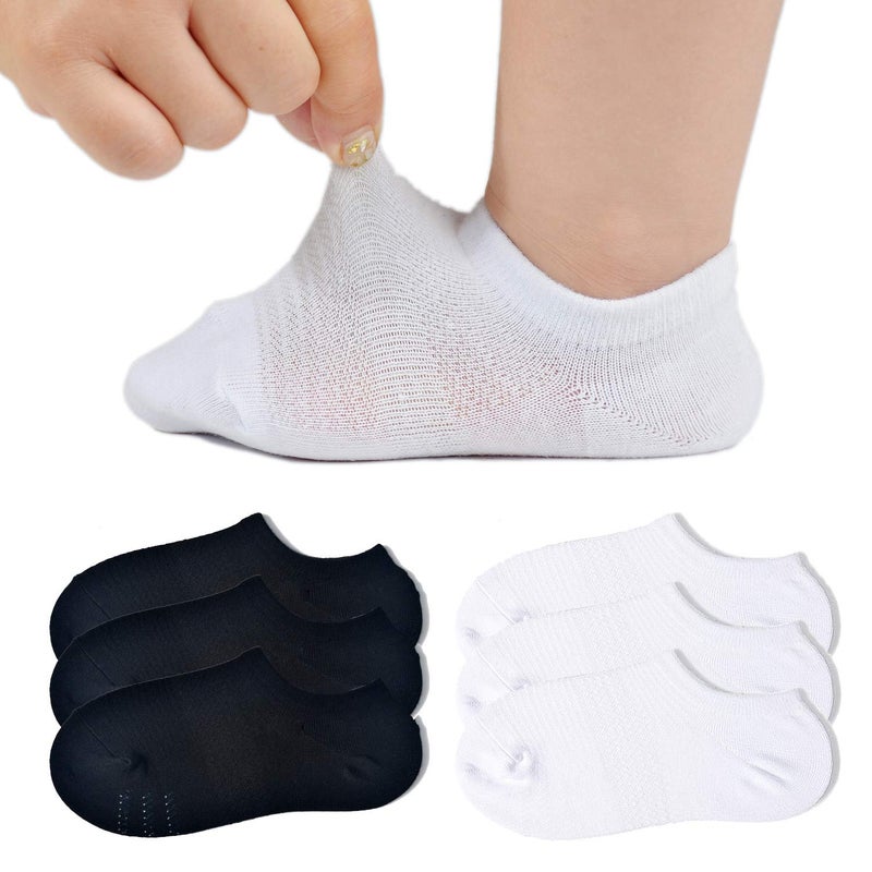JORMATT 6 Pairs Toddler Little Girls Boys No Show Socks Thin Cotton Soft Anti Slip Low Cut Socks Breathable With Grips, Black and White S - Image 1